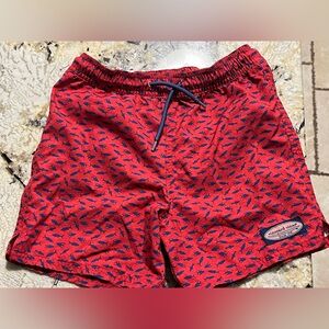 Boys's Red Swim Shorts with Navy Fish Print